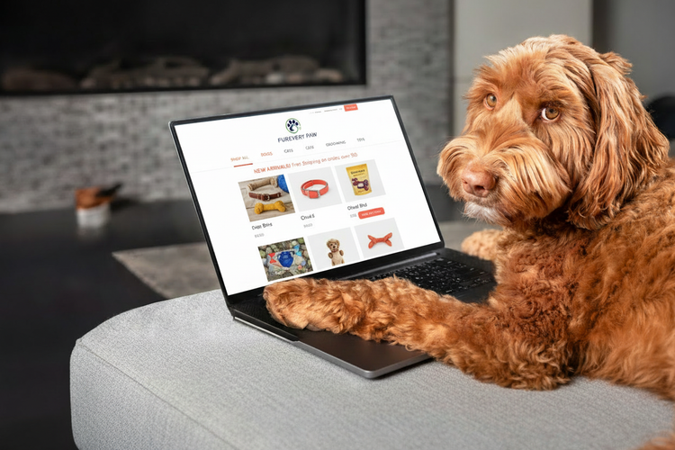 Dog typing on laptop with more coral and golden yellow